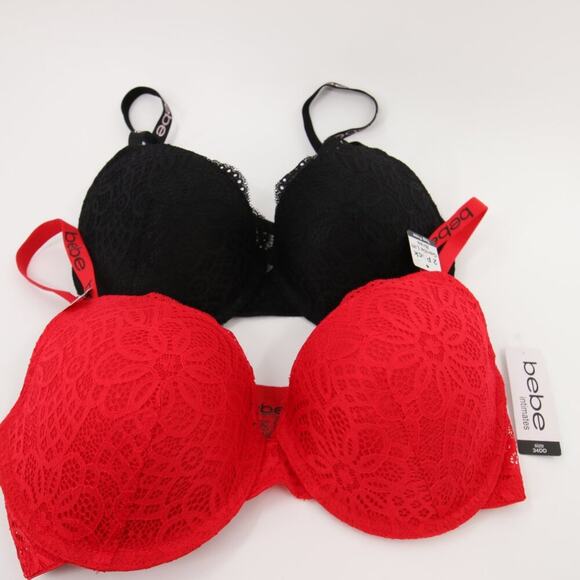 Bebe Bra Black Red Lace Pack of 2 Underwire Gentle Lift Pushup Bra Size 34DD New - Picture 2 of 12